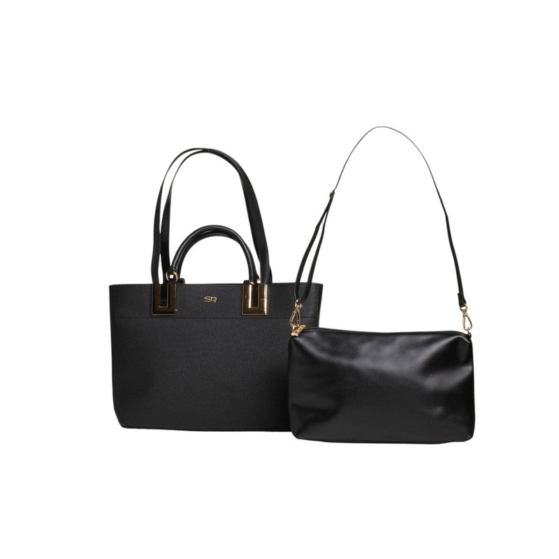 PU Leather Solid Tote Bag Set – Black