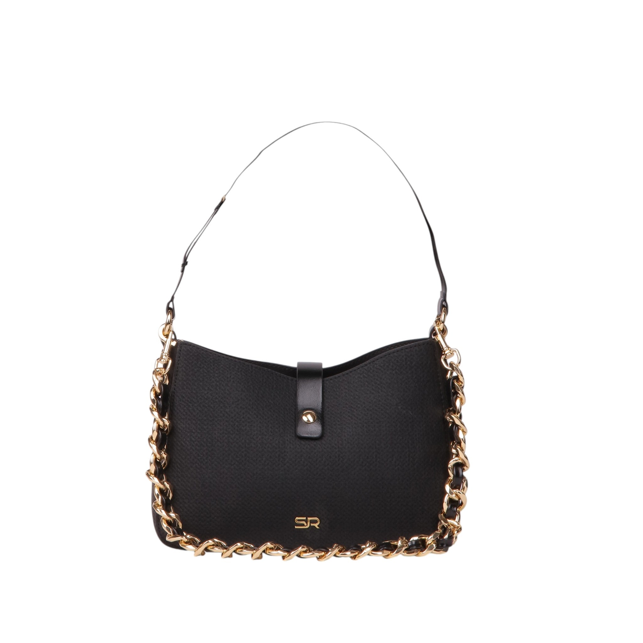 Chain Trim Shoulder Bag with Textured Finish - Black