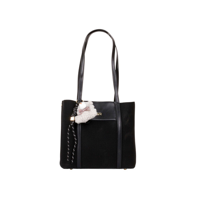 PU Leather Tote Bag with Teddy Charm – Black