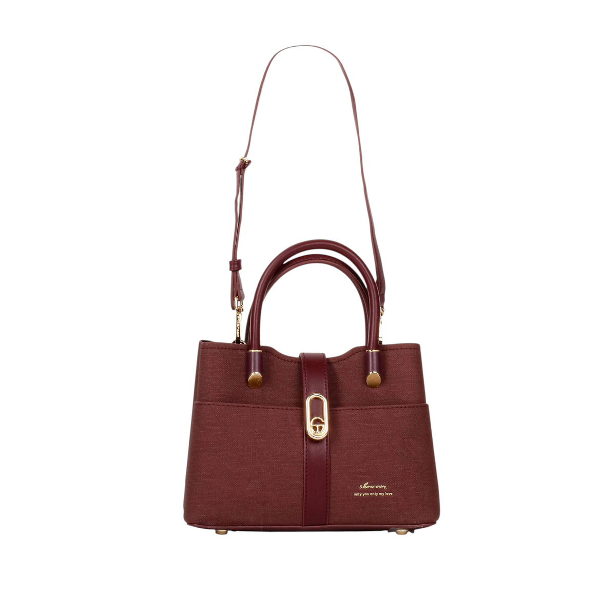 Structured Tote Bag with Contrast Strap - Burgundy