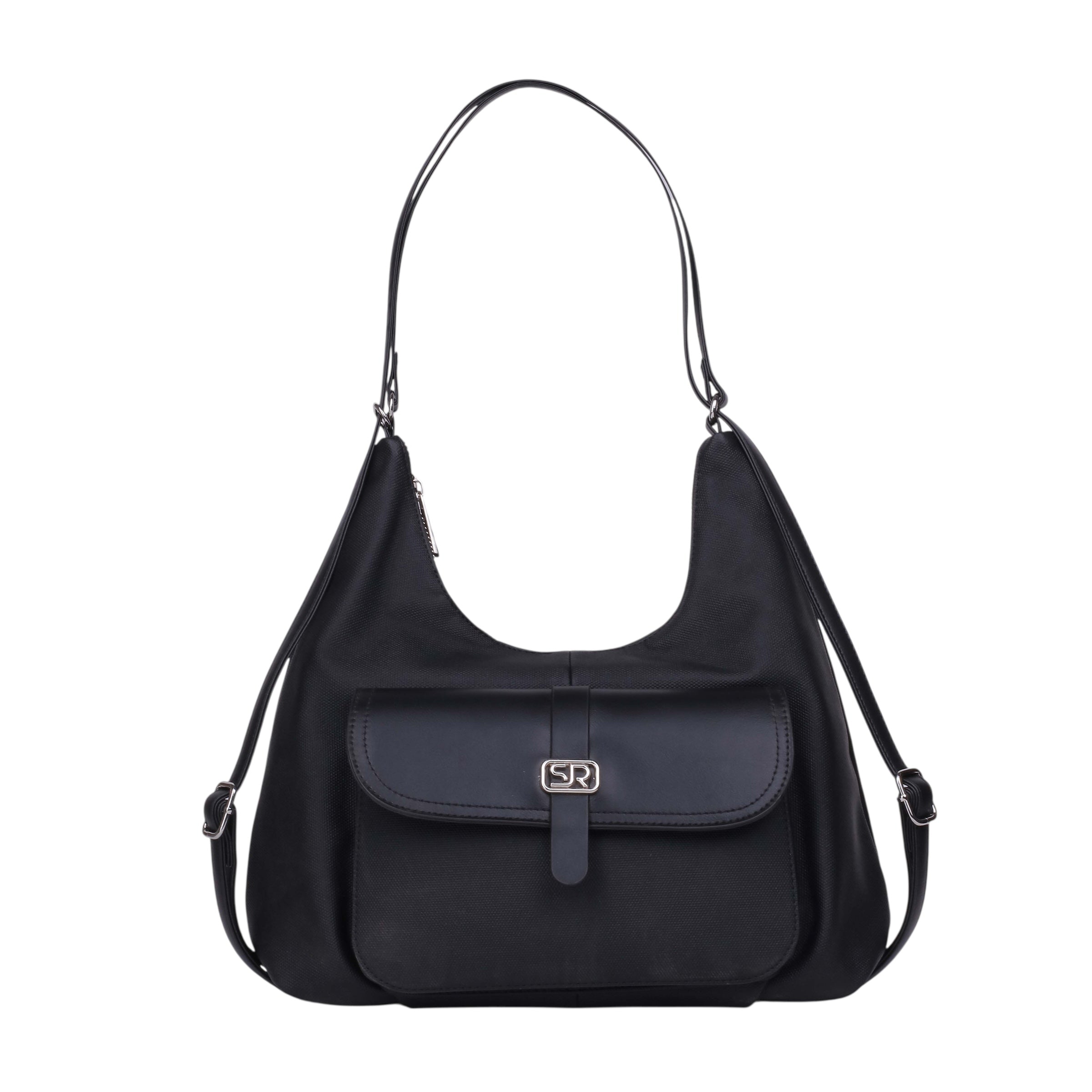 Pocket Detail Hobo Shoulder Bag - Black