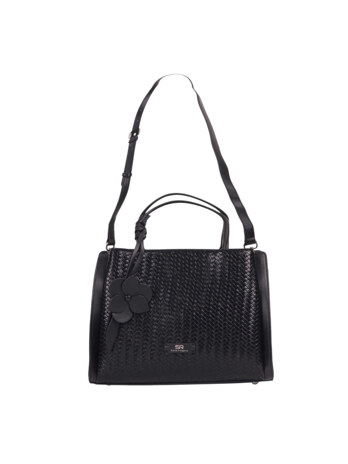 Braided Tote Bag with Flower Detail - Black