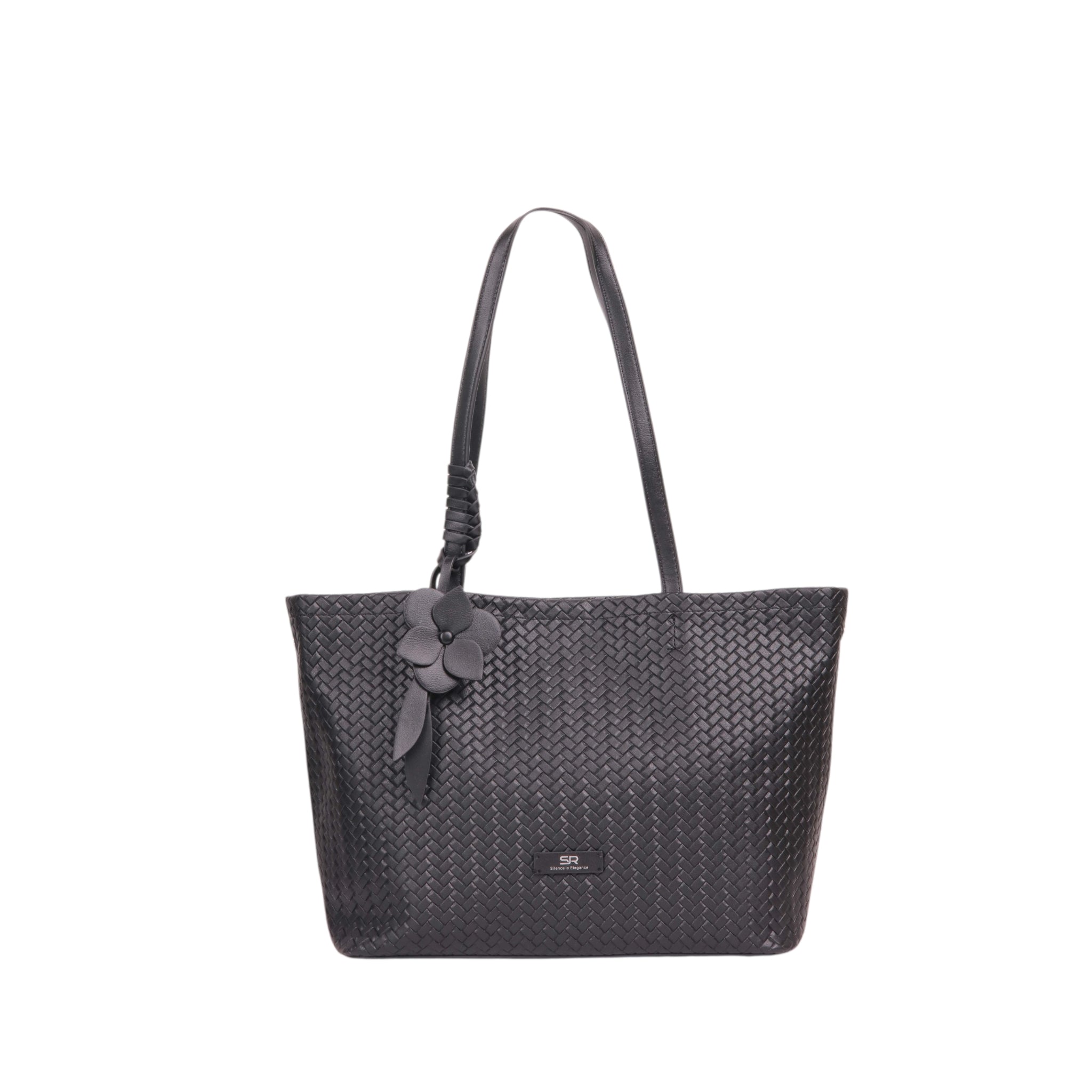 Woven Tote Bag with Floral Charm - Black