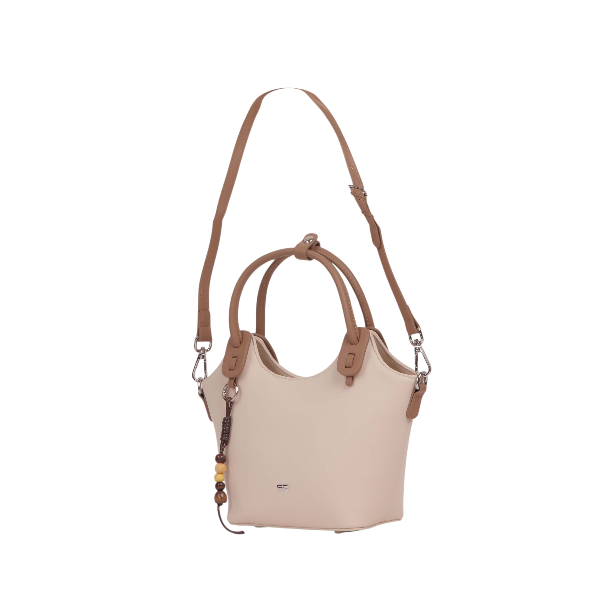 Structured Top Handle Handbag with Beaded Charm - Off White