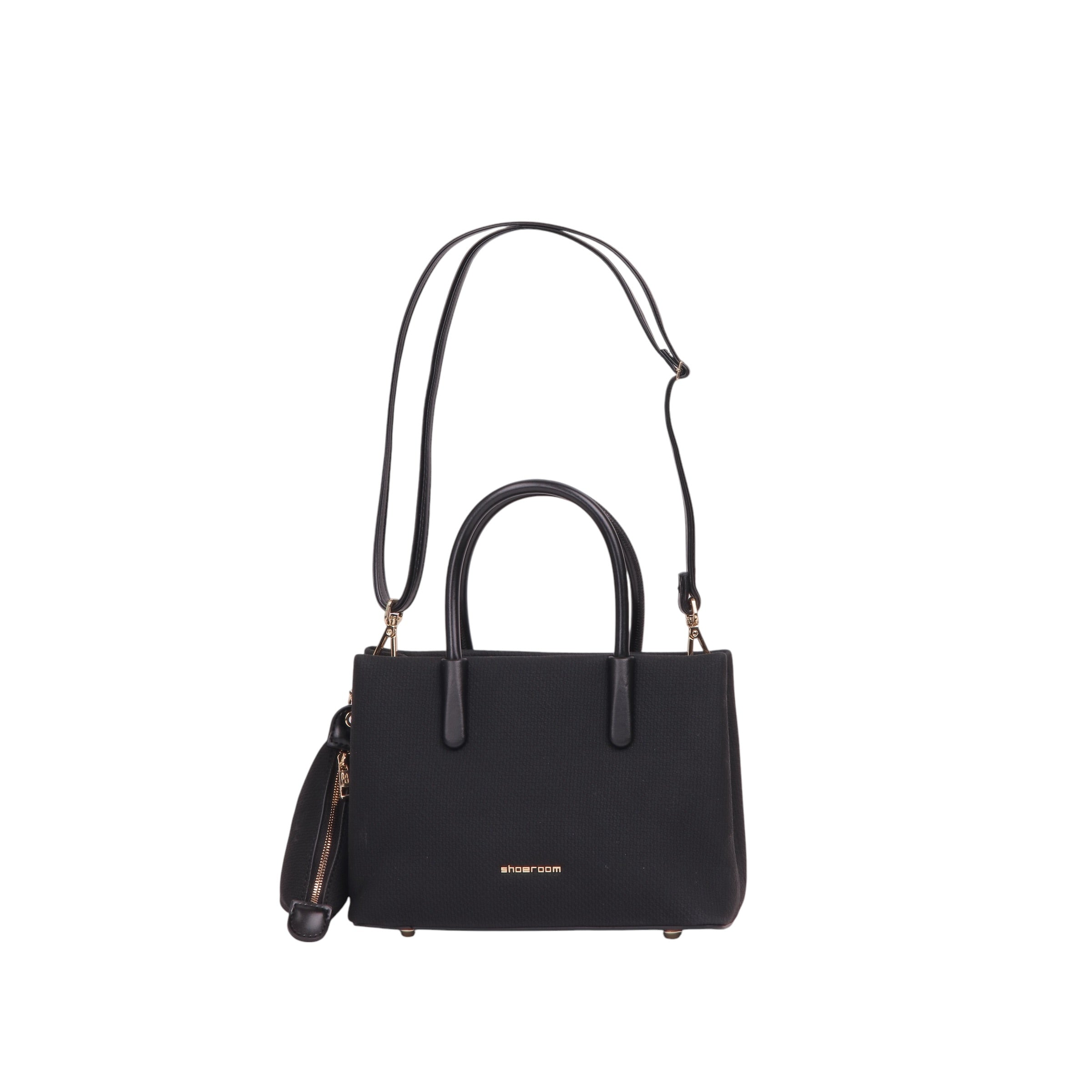 Structured Top Handle Handbag with Matching Pouch - Black