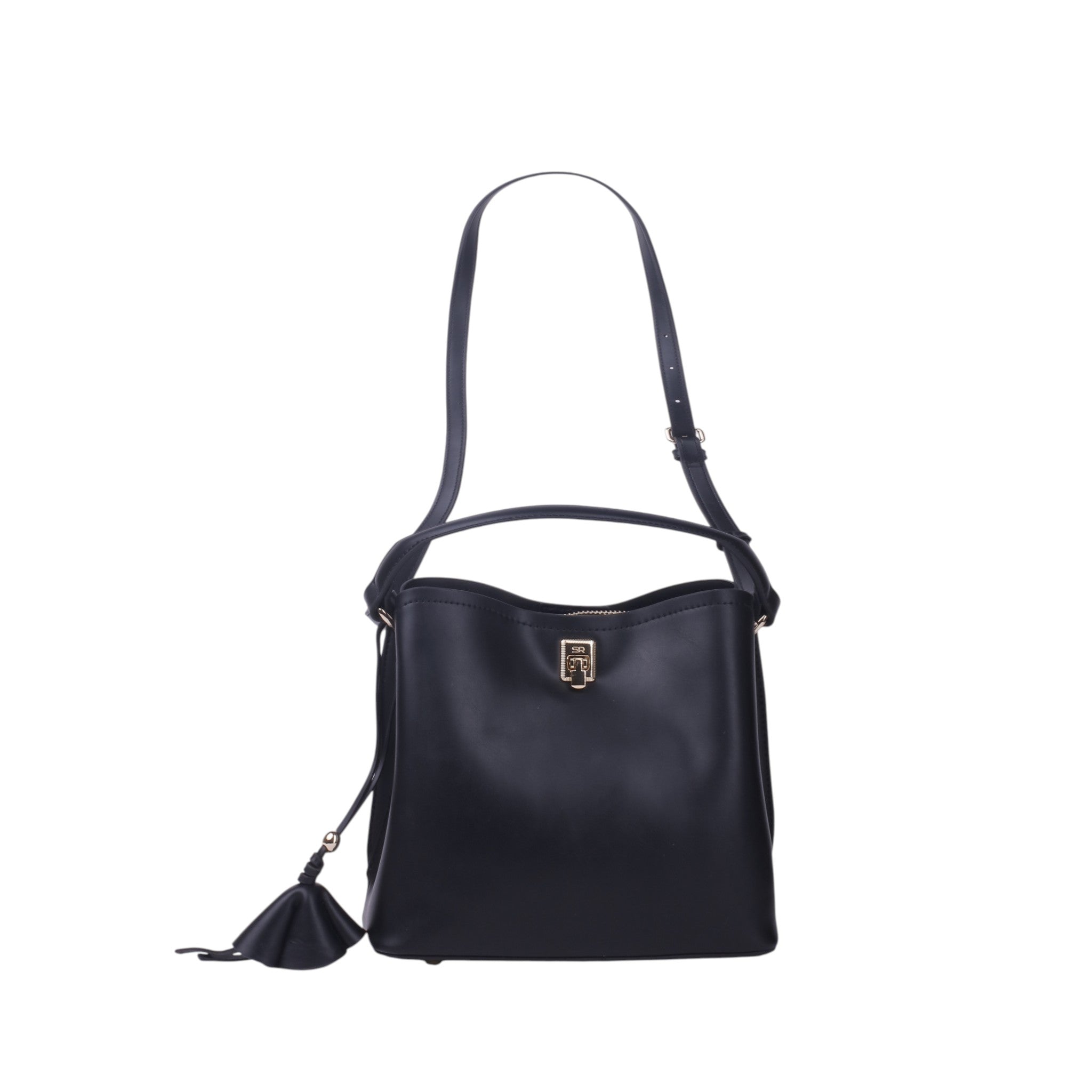 Minimal Top Handle Handbag with Charm - Black