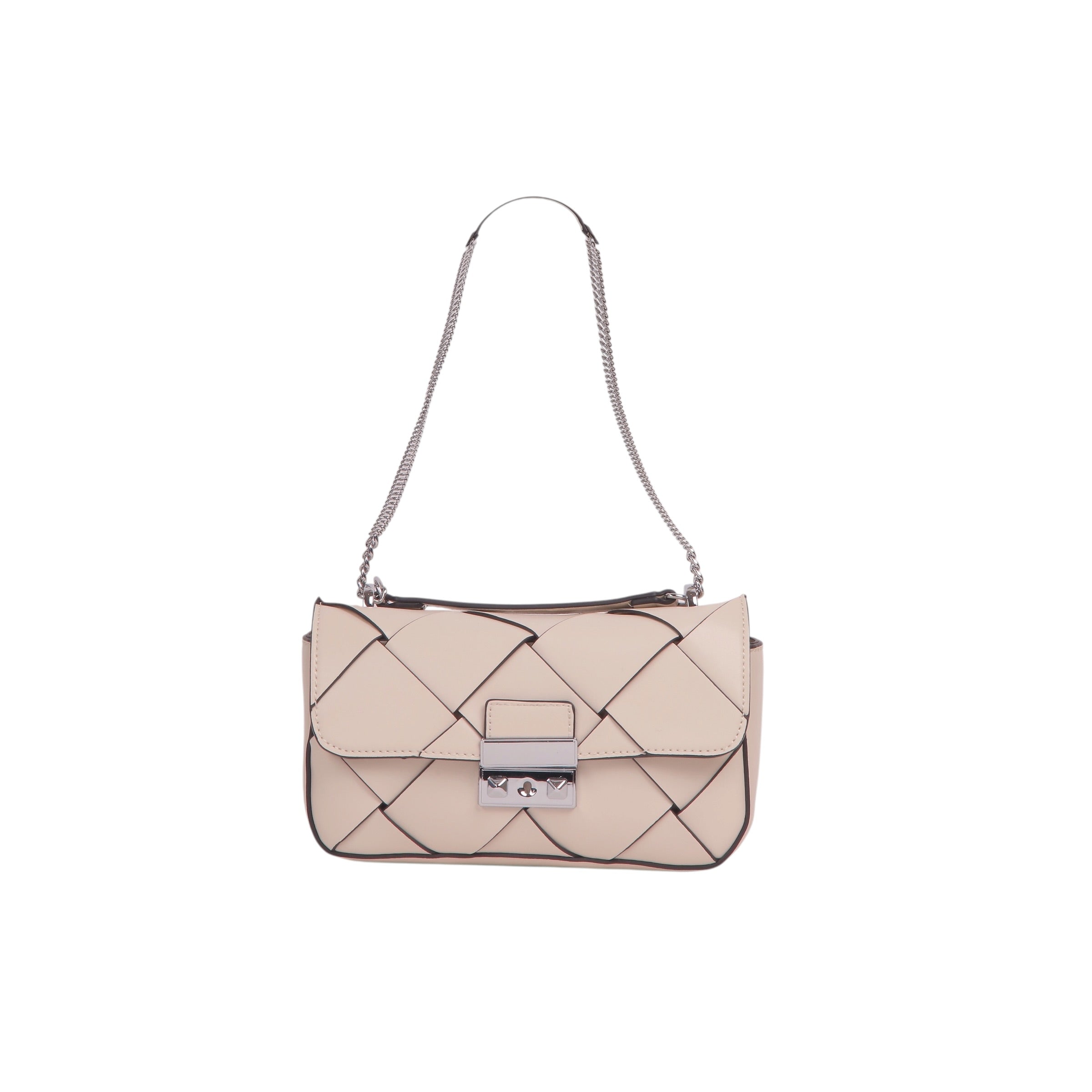 Woven Flap Shoulder Bag with Chain Strap - Beige