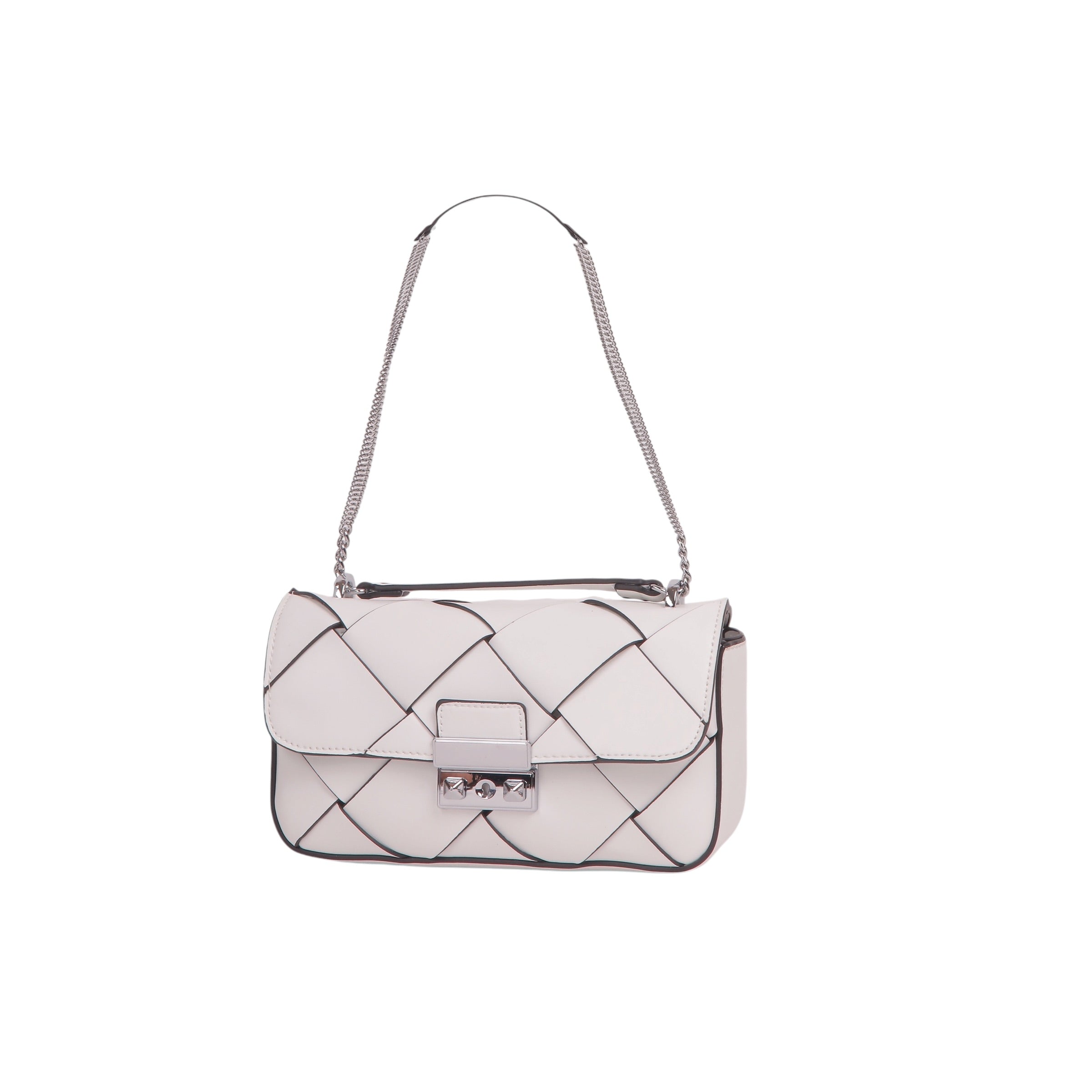 Woven Flap Shoulder Bag with Chain Strap - White