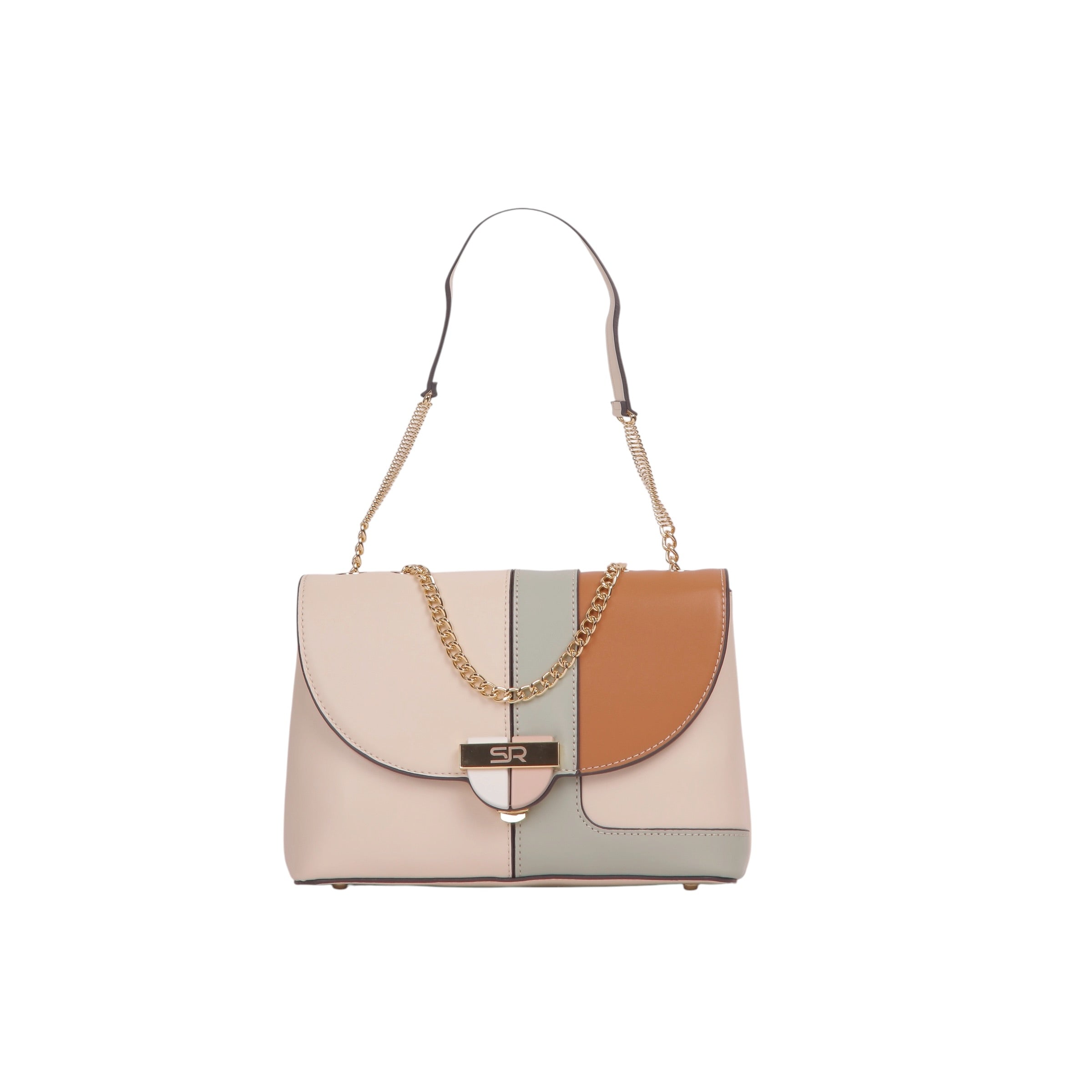 Color Block Chain Shoulder Bag - Beige