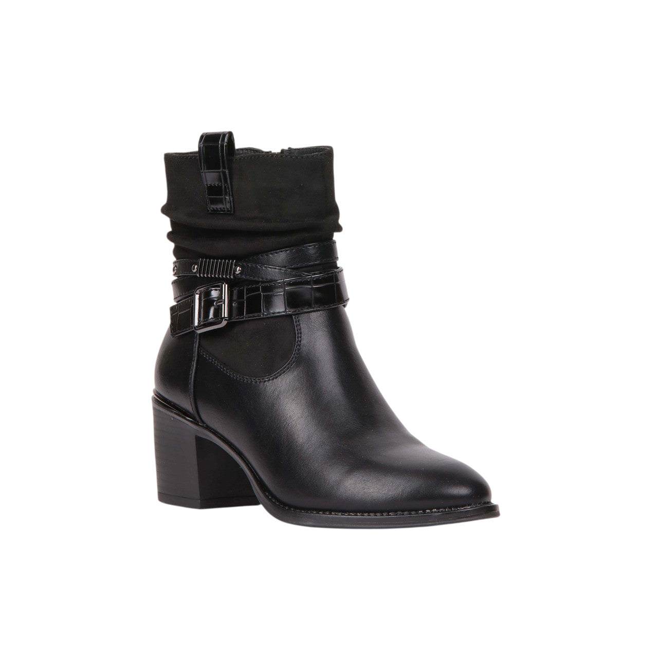 Buckle Strap Block Heel Ankle Boots – Black (SR-3519)