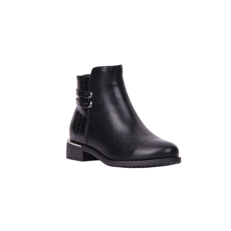 Textured Back Panel Block Heel Ankle Boots – Black (SR-3521)