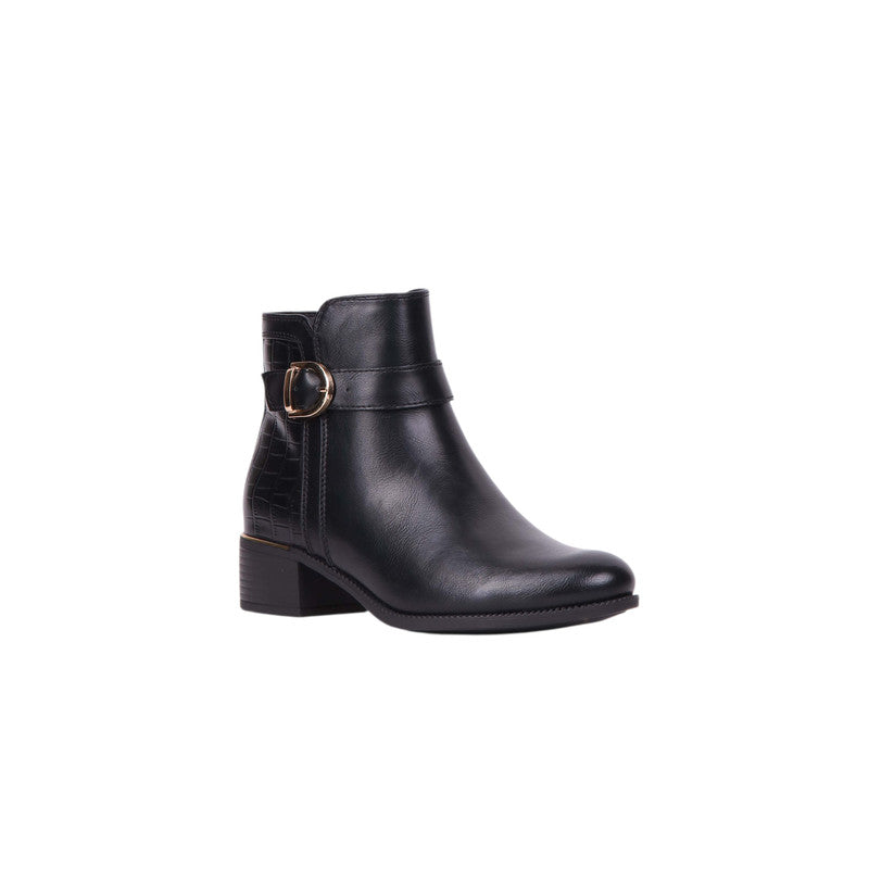 Textured Buckle Detail Ankle Boots – Black (SR-3522)