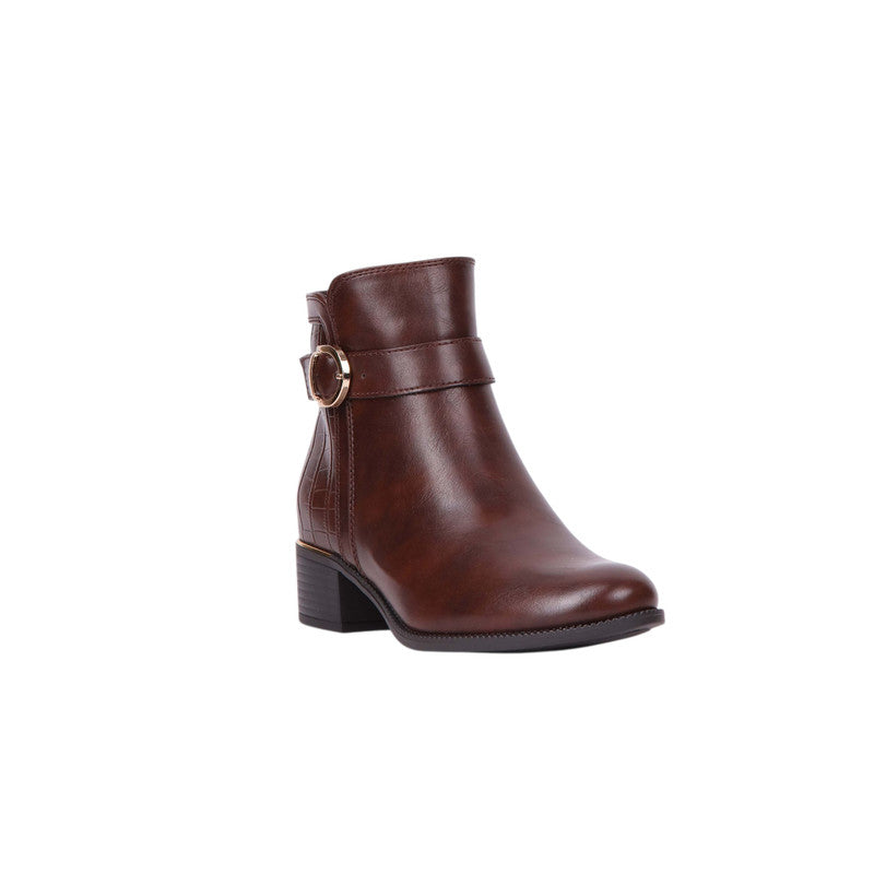 Textured Buckle Detail Ankle Boots – Brown (SR-3522)