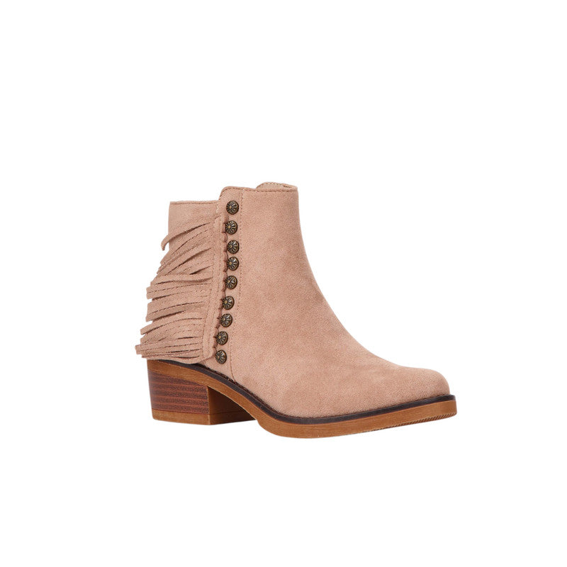 Fringe Detail Block Heel Ankle Boots – Beige (SR-3541)