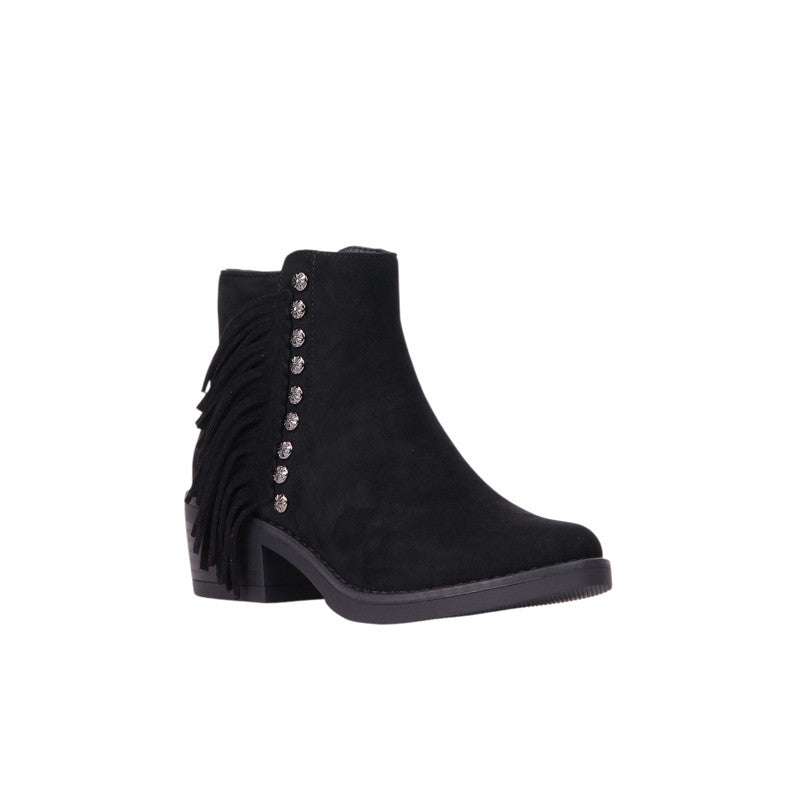 Fringe Detail Block Heel Ankle Boots – Black (SR-3541)
