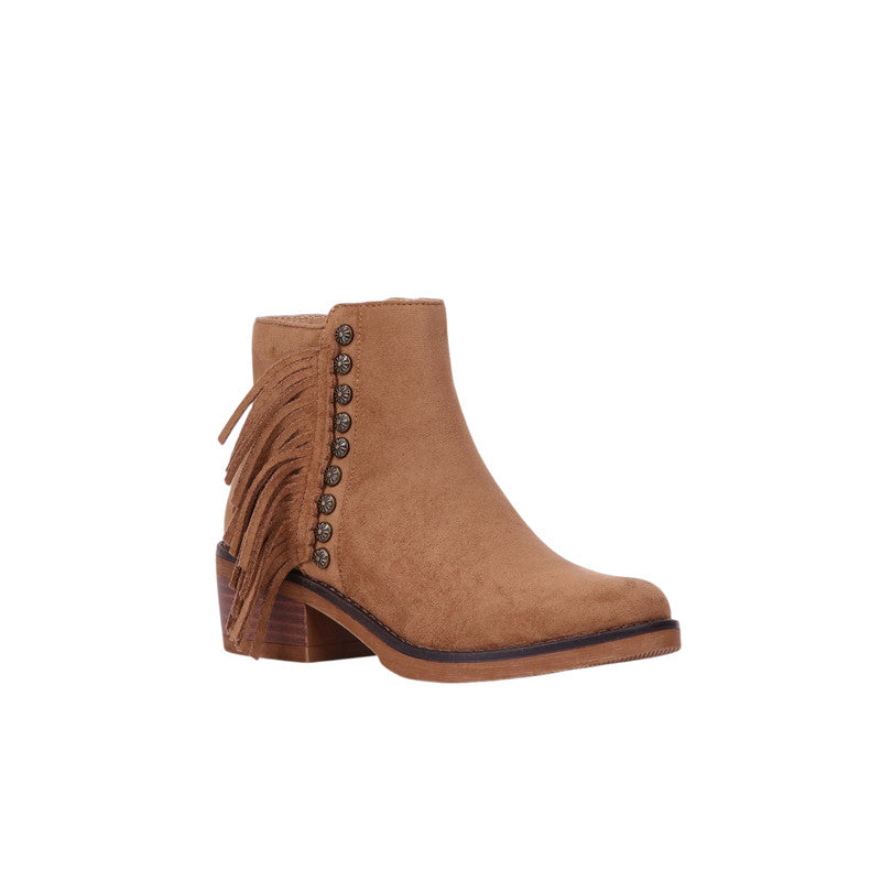 Fringe Detail Block Heel Ankle Boots – Camel (SR-3541)