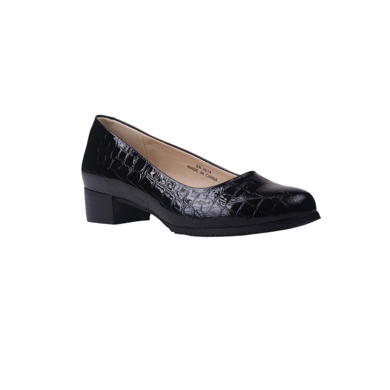 Croc-Embossed Low Block Heel Pumps – Black (SR-3614)