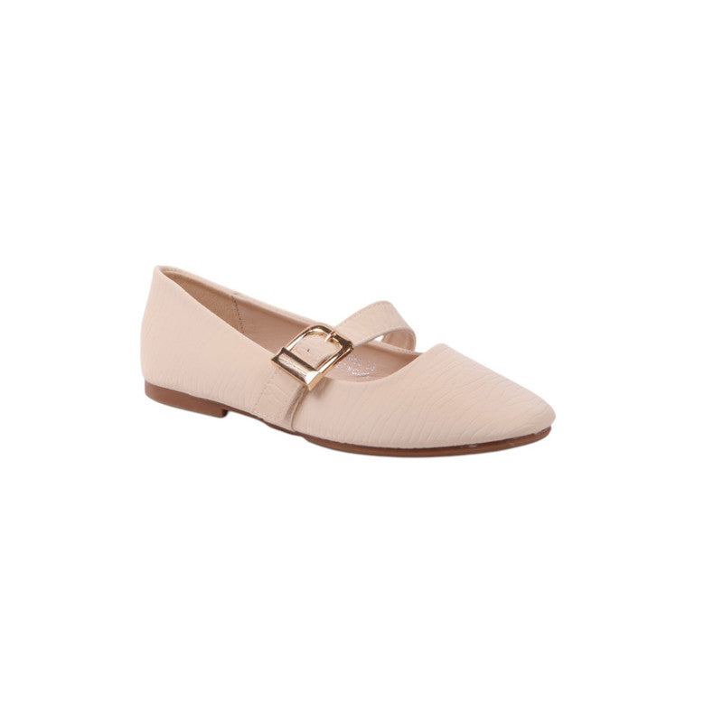 Textured Buckle Strap Ballerinas – Beige (SR-3656)