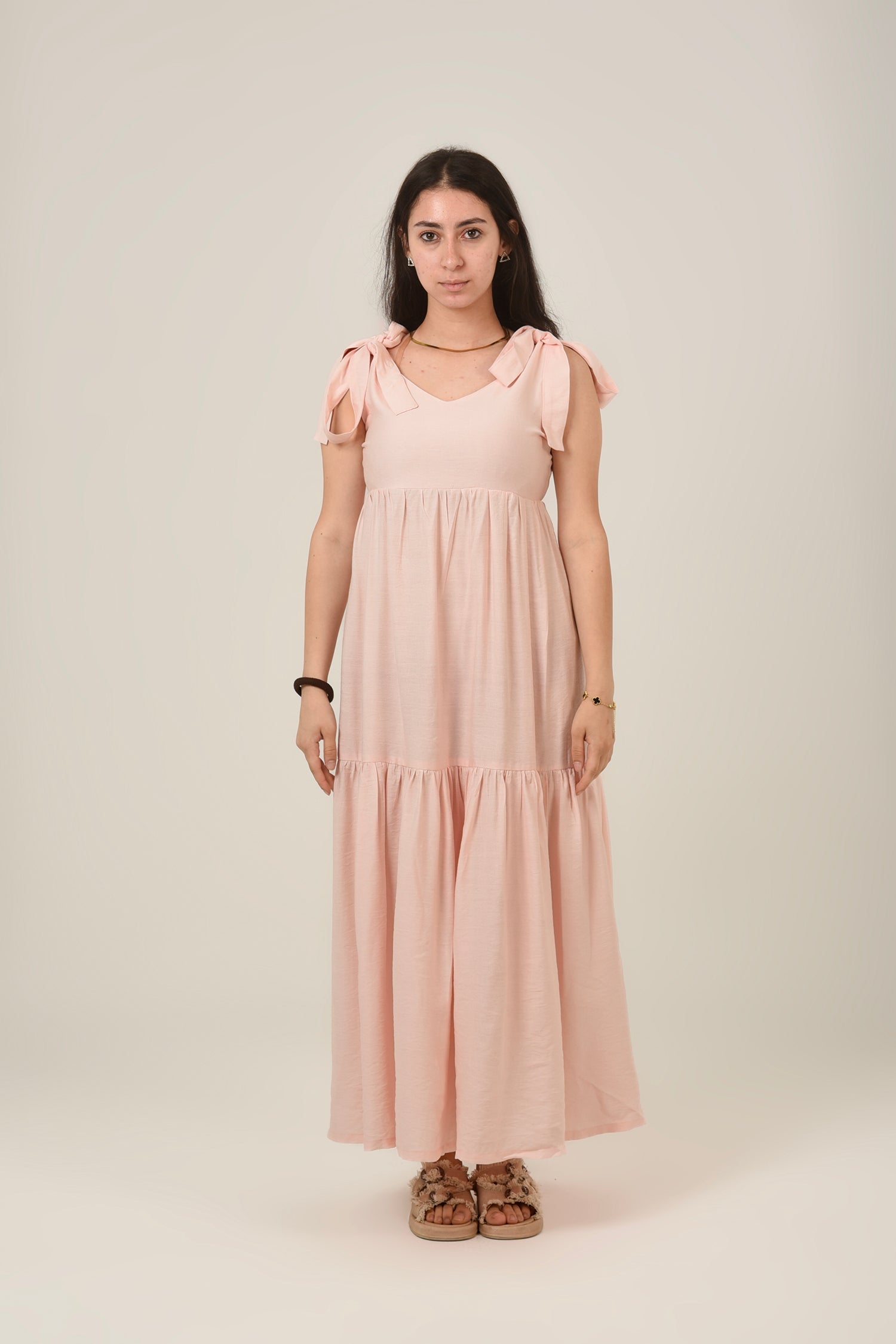 Linen Flare Flowy Tie Shoulders Maxi Dress