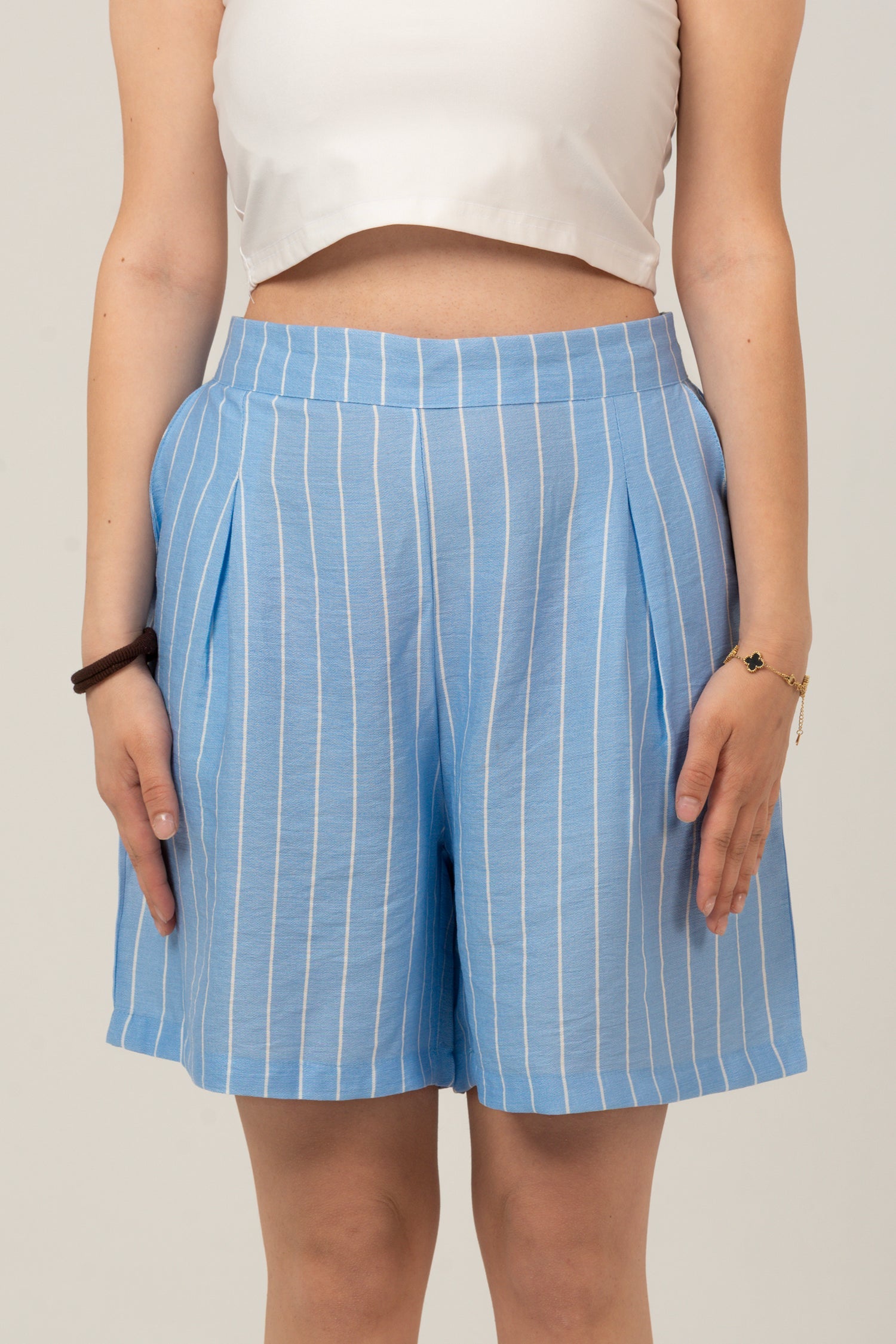 Linen Loose Striped High Waist Shorts - Sky Blue