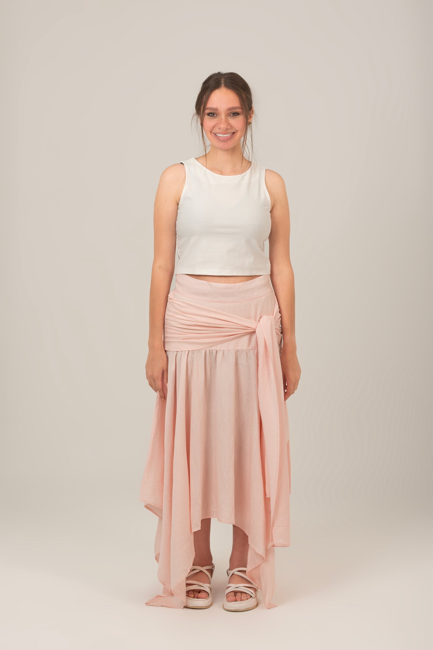 Linen Front Tie Split Flare Skirt For Women