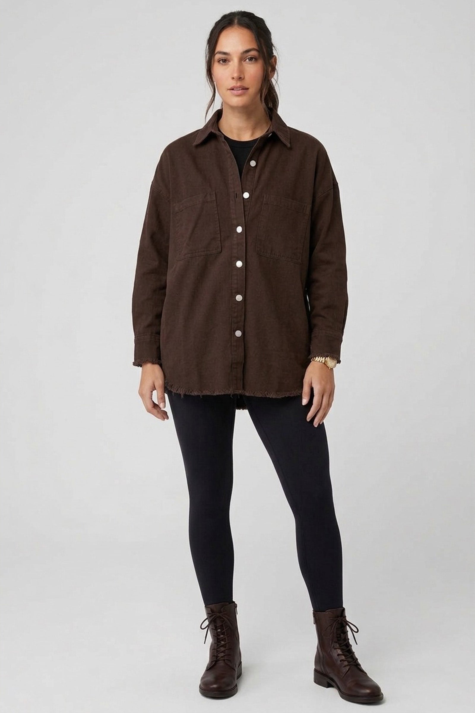 Frayed Hem Relaxed Denim Jacket – Dark Brown