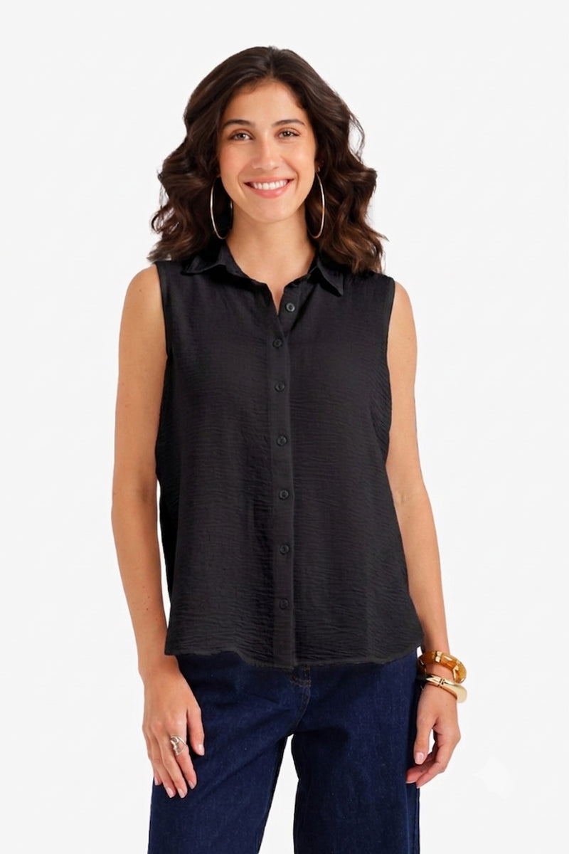 Crinkle Sleeveless Shirt - Black