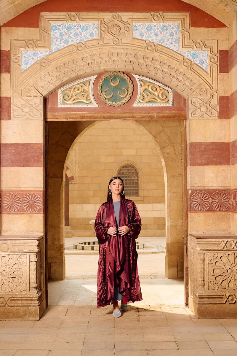 Pearl-Embellished Flowy Kimono - Light Burgundy