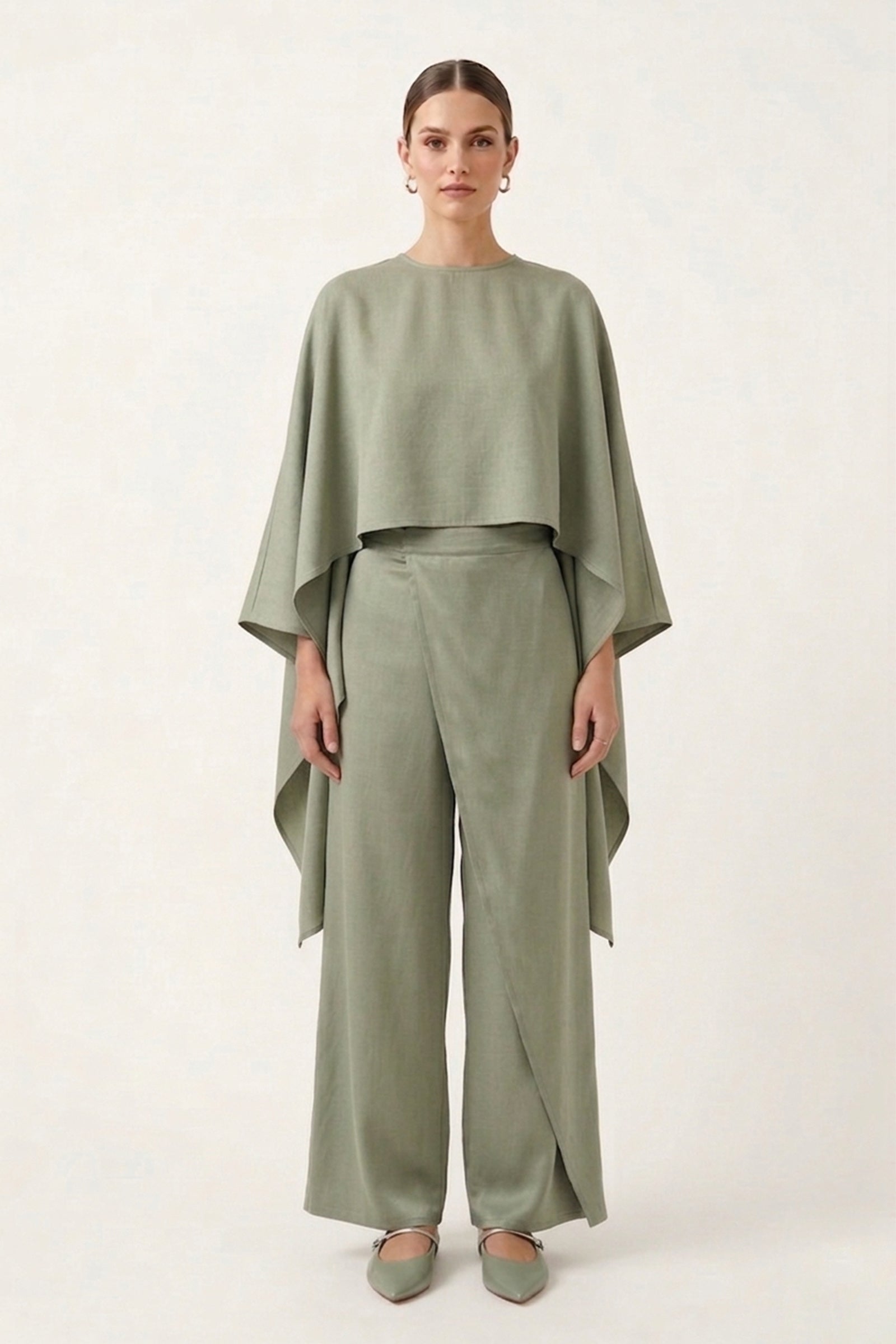 Asymmetrical Relaxed Poncho Top – Sage Green
