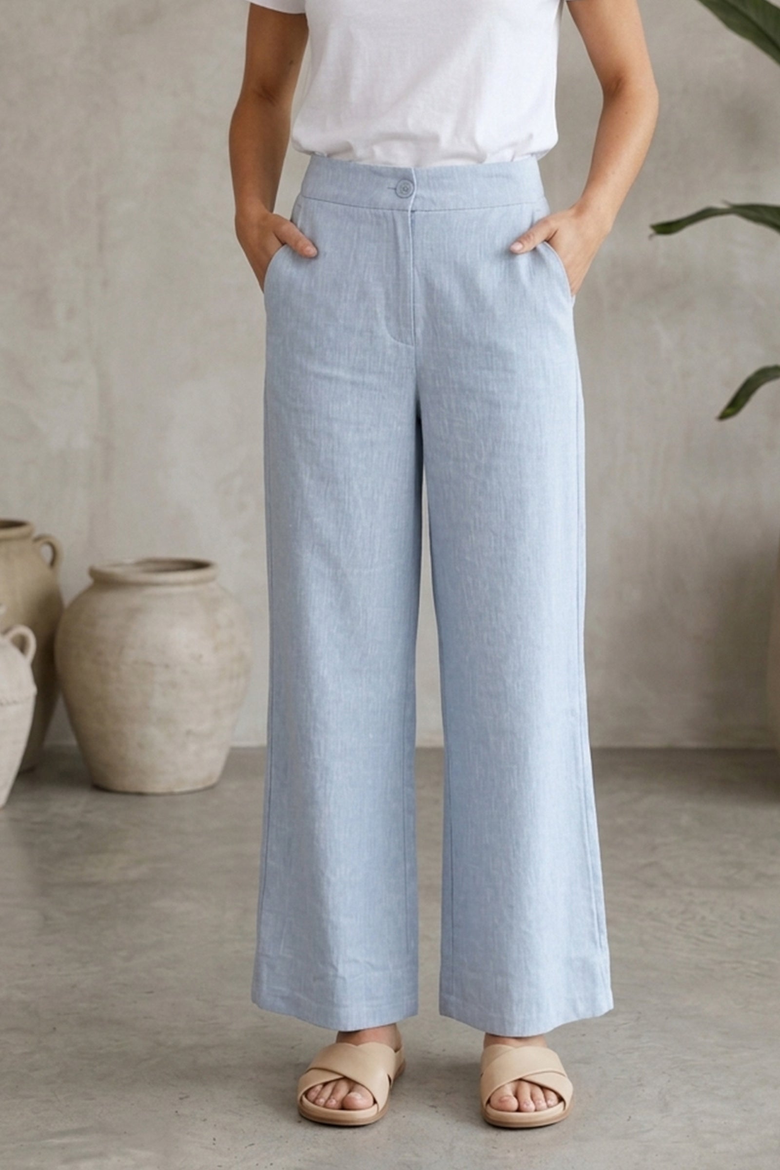 Buttoned Wide Leg Pants – Light Blue