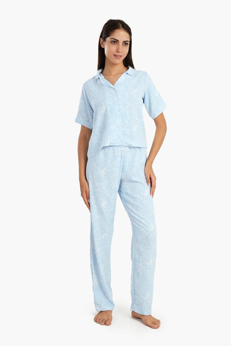 Cotton Self Pattern Pajama Set – Light Blue