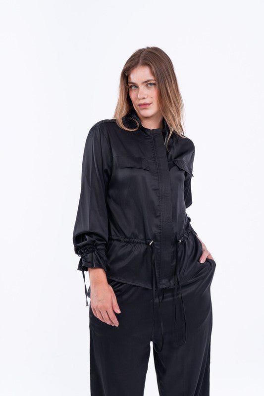 Plain Drawstring Waist Chemise – Black