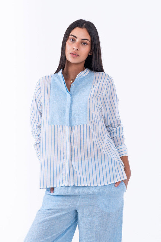 Striped Linen Shirt with V-Neck – White & Baby Blue