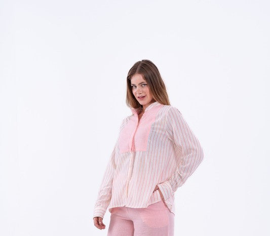 Striped Linen Shirt with V-Neck – White & Pink