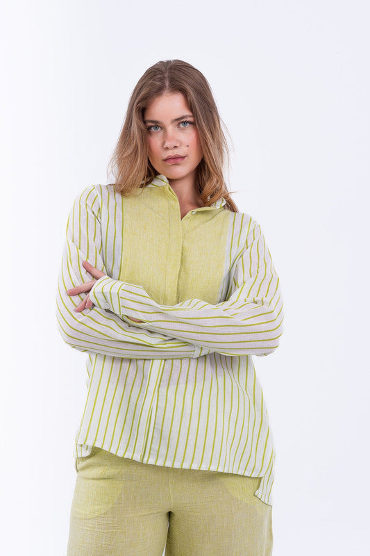 Striped Linen Shirt with V-Neck – White & Lime Green