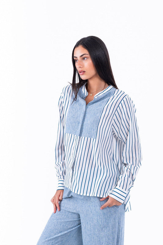 Striped Linen Shirt with V-Neck – White & Blue