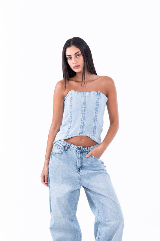 Strapless Zip-Back Denim Crop Top – Light Blue