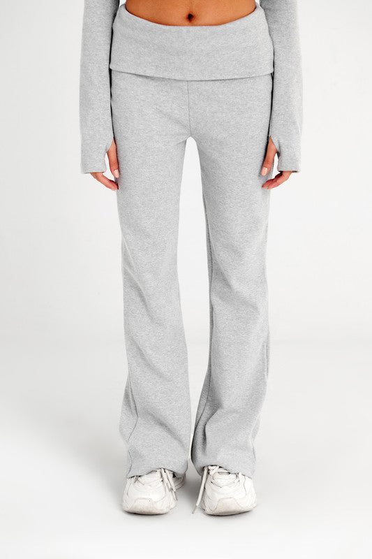 Cotton Foldover Ribbed Flare Pants - Silver
