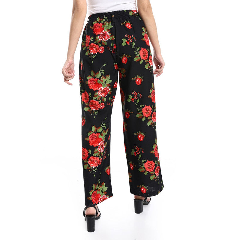 Cotton-Lycra Floral Wide-Leg Pants - Black & Red
