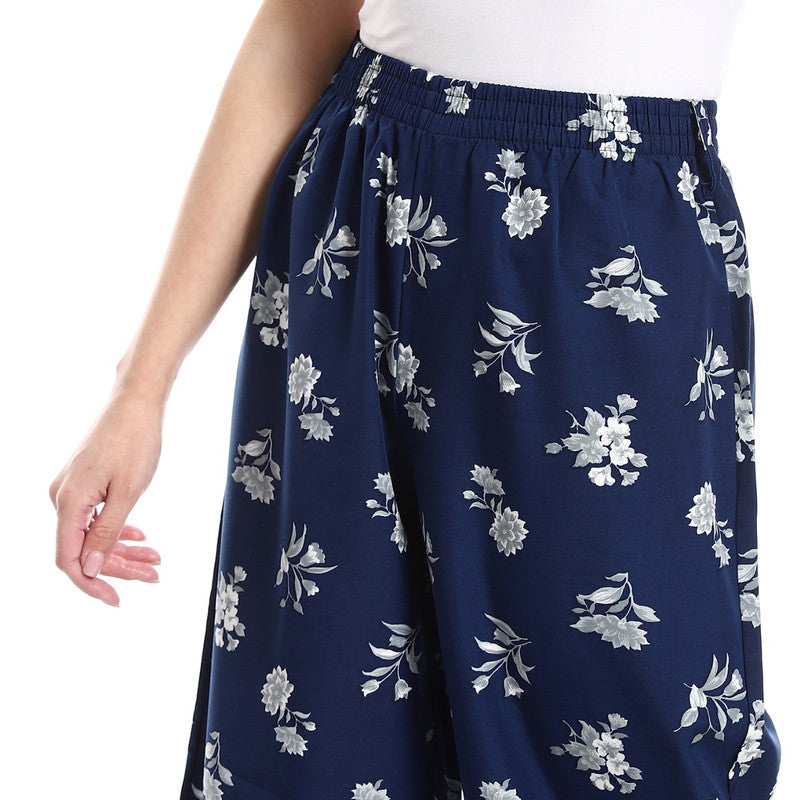 Cotton-Lycra Floral Wide-Leg Pants - Navy & Grey