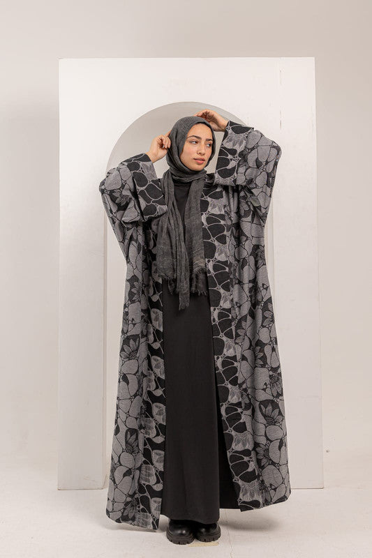 Floral Pattern Flowy Open Cardigan – Grey