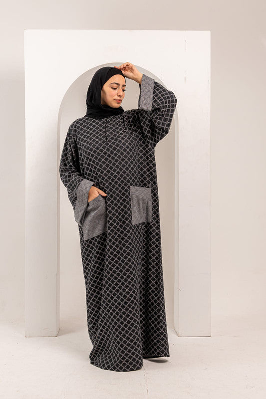 Geometric Pattern Pocket Maxi Dress – Grey