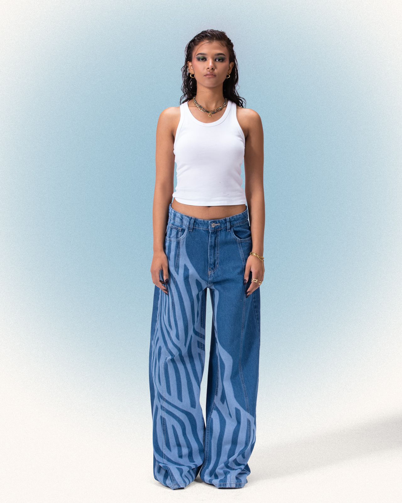 Waves Wide-Leg Cut Jeans - Blue