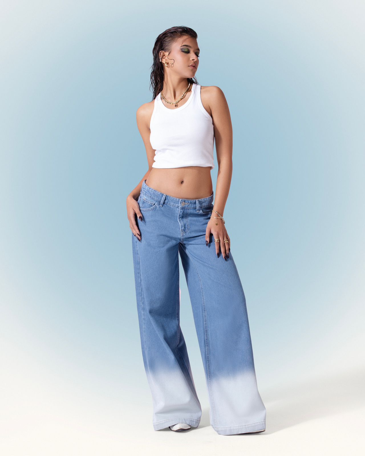Cotton Wide-Leg Cut Jeans - Light Blue