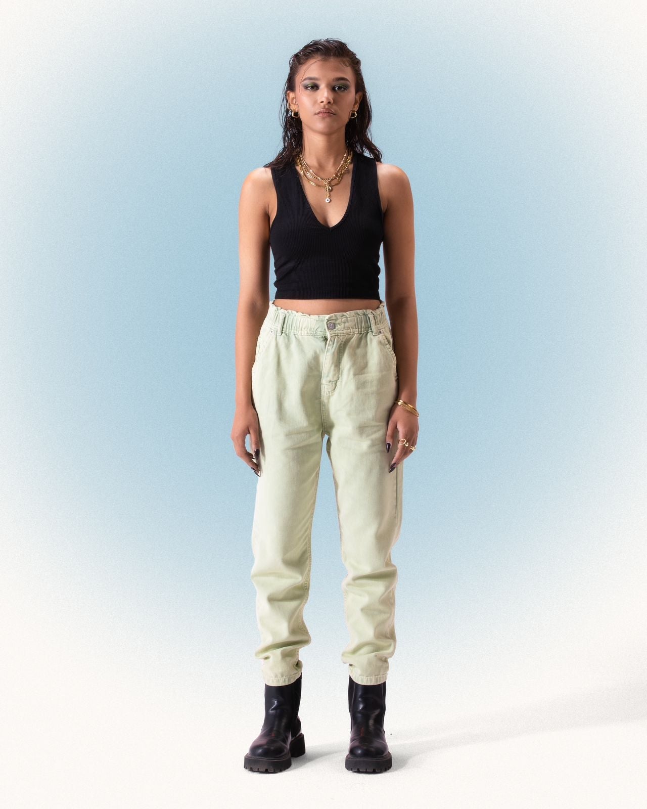 Denim Slouchy Cut Jeans - Pistachio