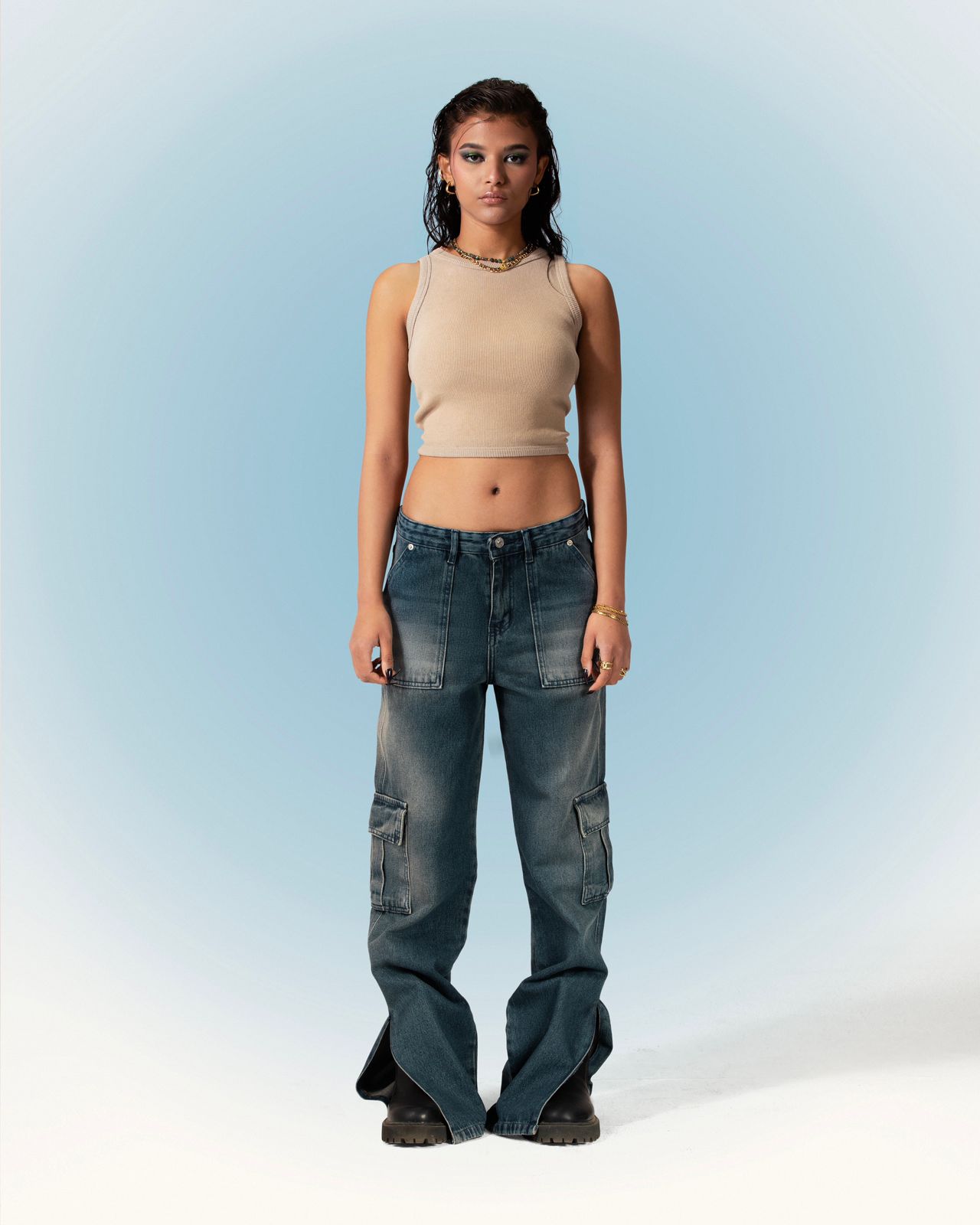 Denim Cargo Straight Cut Jeans - Dark Blue