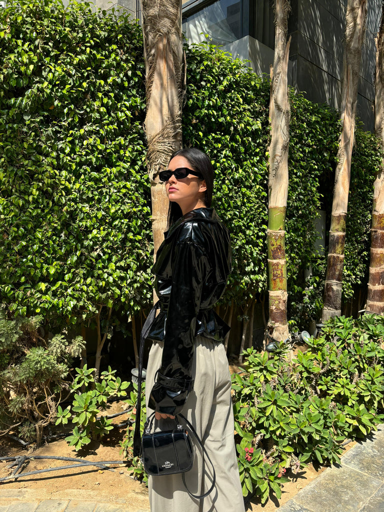 Faux Leather Solid Belted Jacket – Black