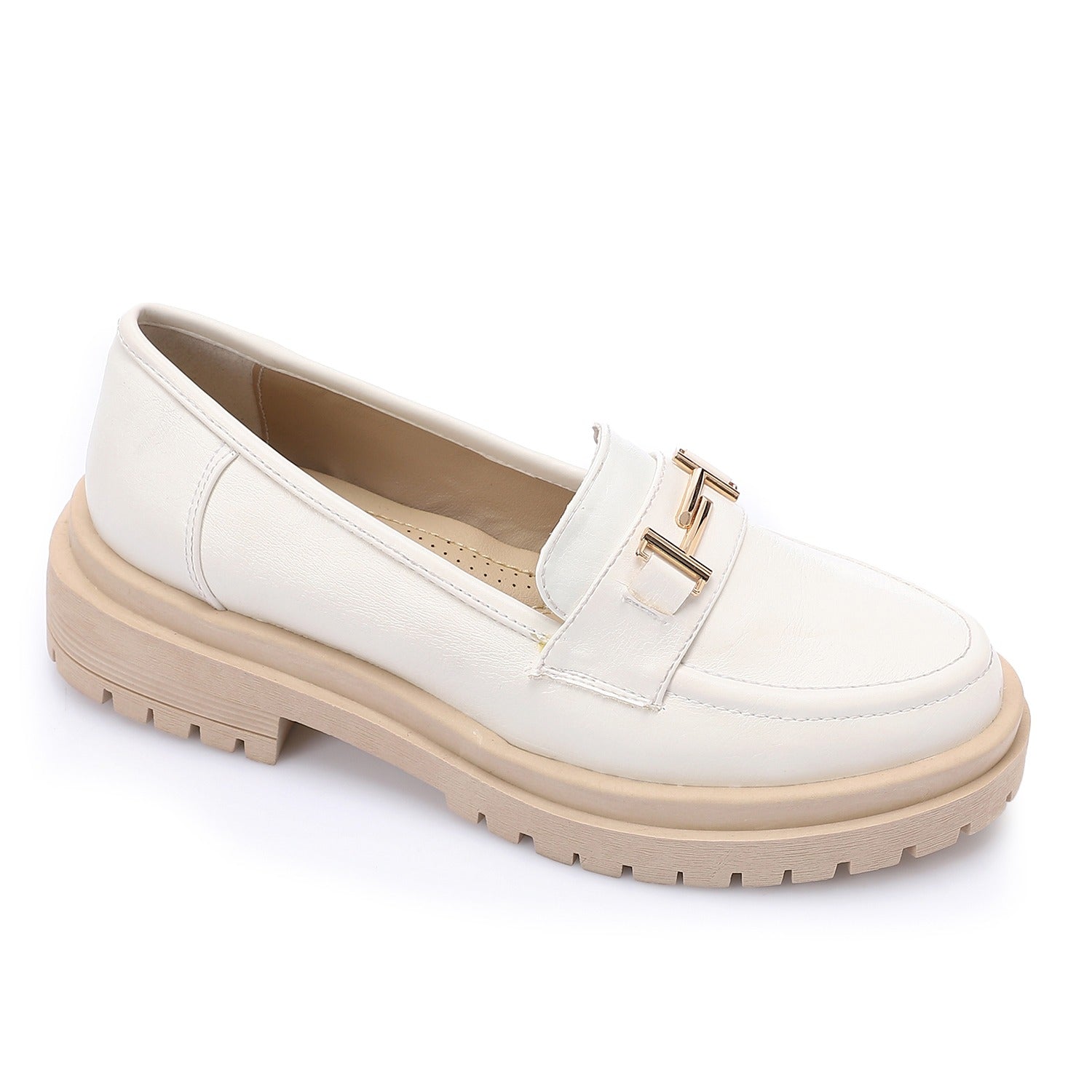 Leather Solid Chunky Platform Loafers – White