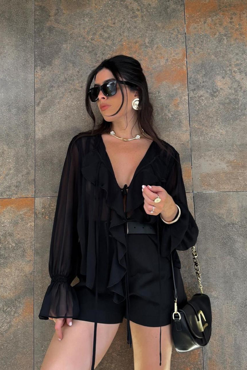 Chiffon Ruffle Tie-Front Top - Black