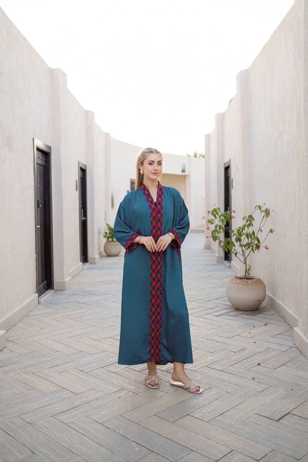 Contrast-Trim Linen Kaftan Dress – Teal Blue